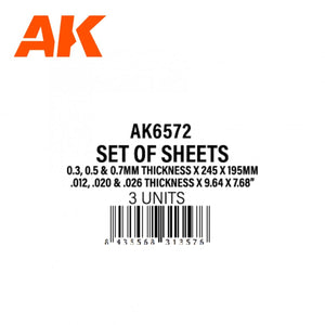 AK Interactive AK6572 0,3, 0,5 et 0,7 mm d&amp;#39;épaisseur x 245 x 195 mm – Jeu de feuilles de styrène (3 unités) – image 2