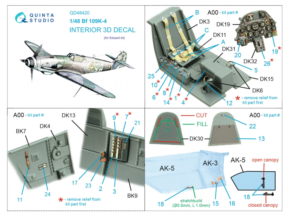 Quinta Studio QD48420 Bf 109K-4 3D-Printed &amp;amp; coloured Interior on decal paper (Eduard) 1/48 – Bild 2