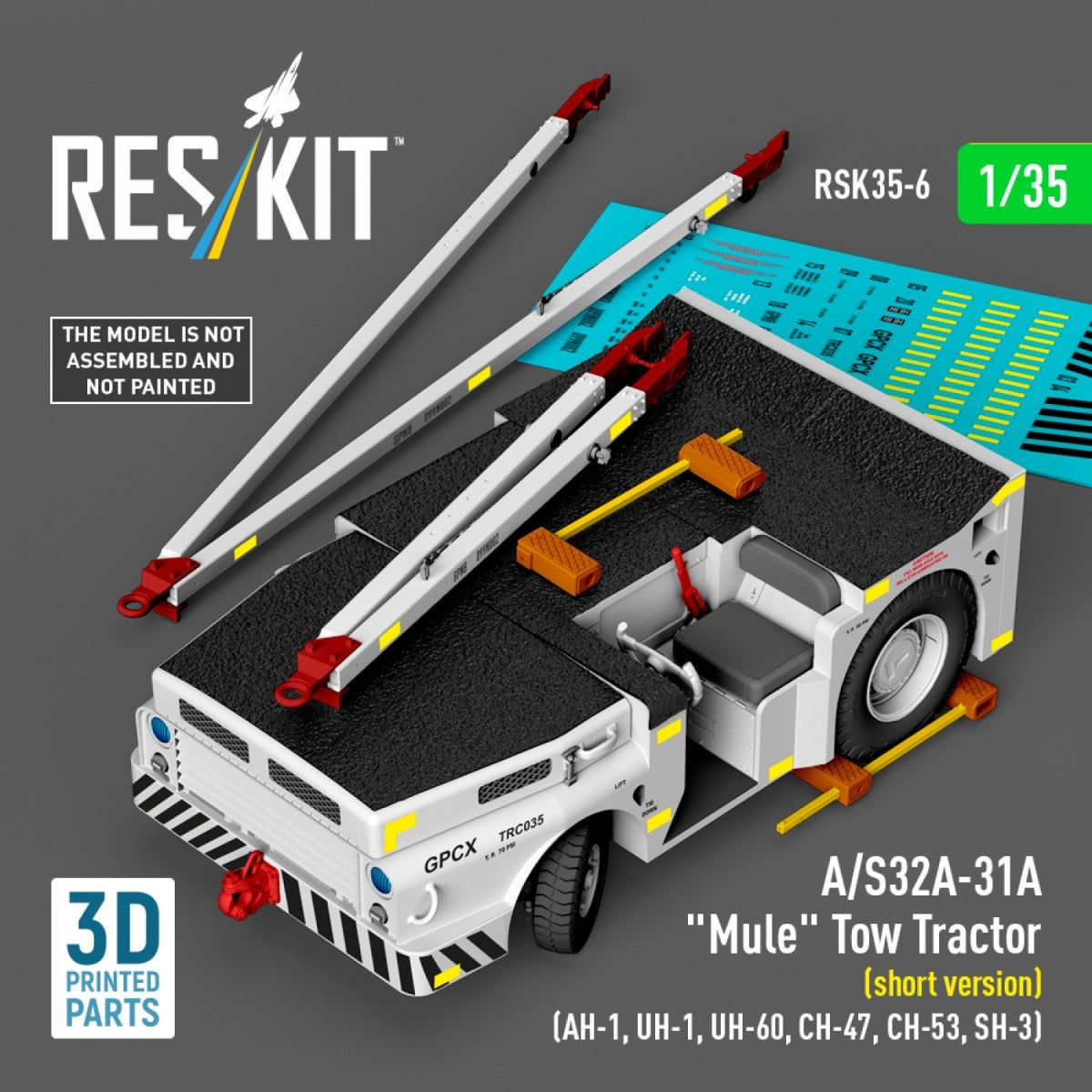 RESKIT RSK35-0006 A/S32A-31A "Mule" Tow Tractor (short version) (AH-1, UH-1, UH-60, CH-47, CH-53, SH-3) (3D Printed model kit) 1/35