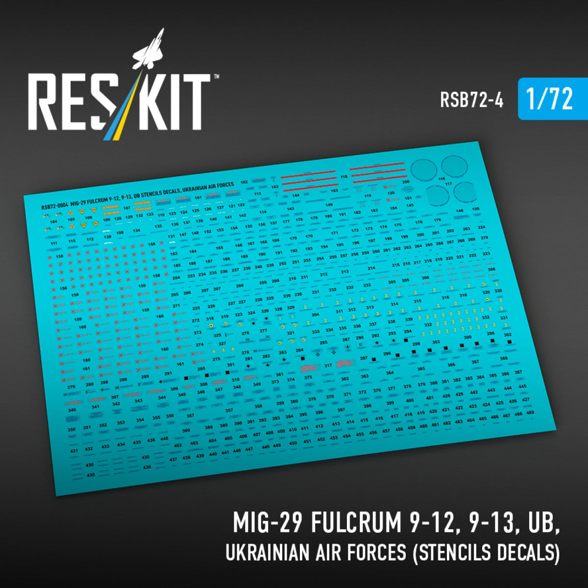RESKIT RSB72-0004 MiG-29 Fulcrum 9-12, 9-13, UB, Ukrainian Air Forces (Stencils Decals)1/72