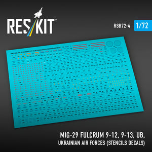 RESKIT RSB72-0004 MiG-29 Fulcrum 9-12, 9-13, UB, Ukrainian Air Forces (Stencils Decals)1/72