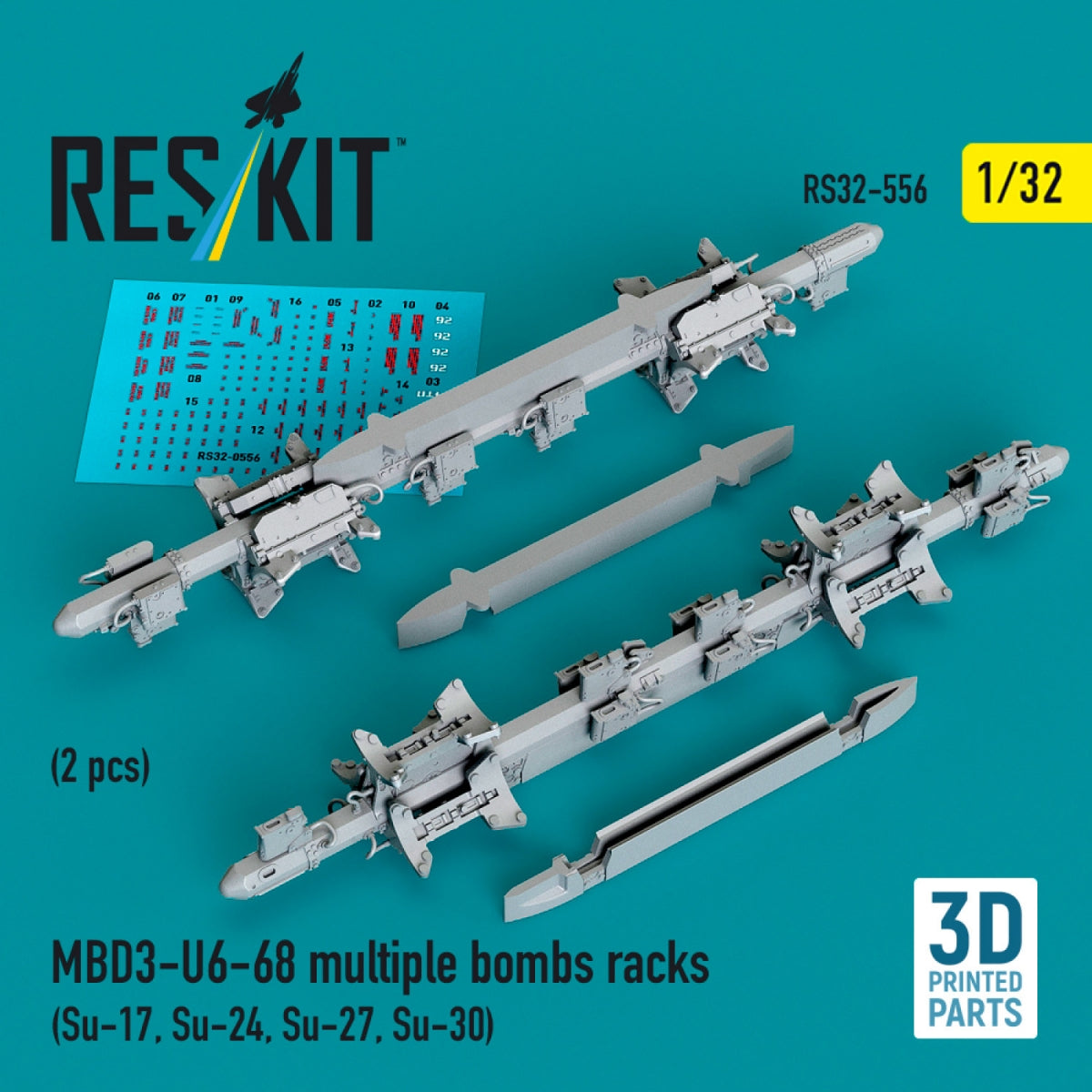 RESKIT RS32-0556 MBD3-U6-68 multiple bombs racks (2 pcs) (Su-17, Su-24, Su-27, Su-30) (3D Printed) 1/32