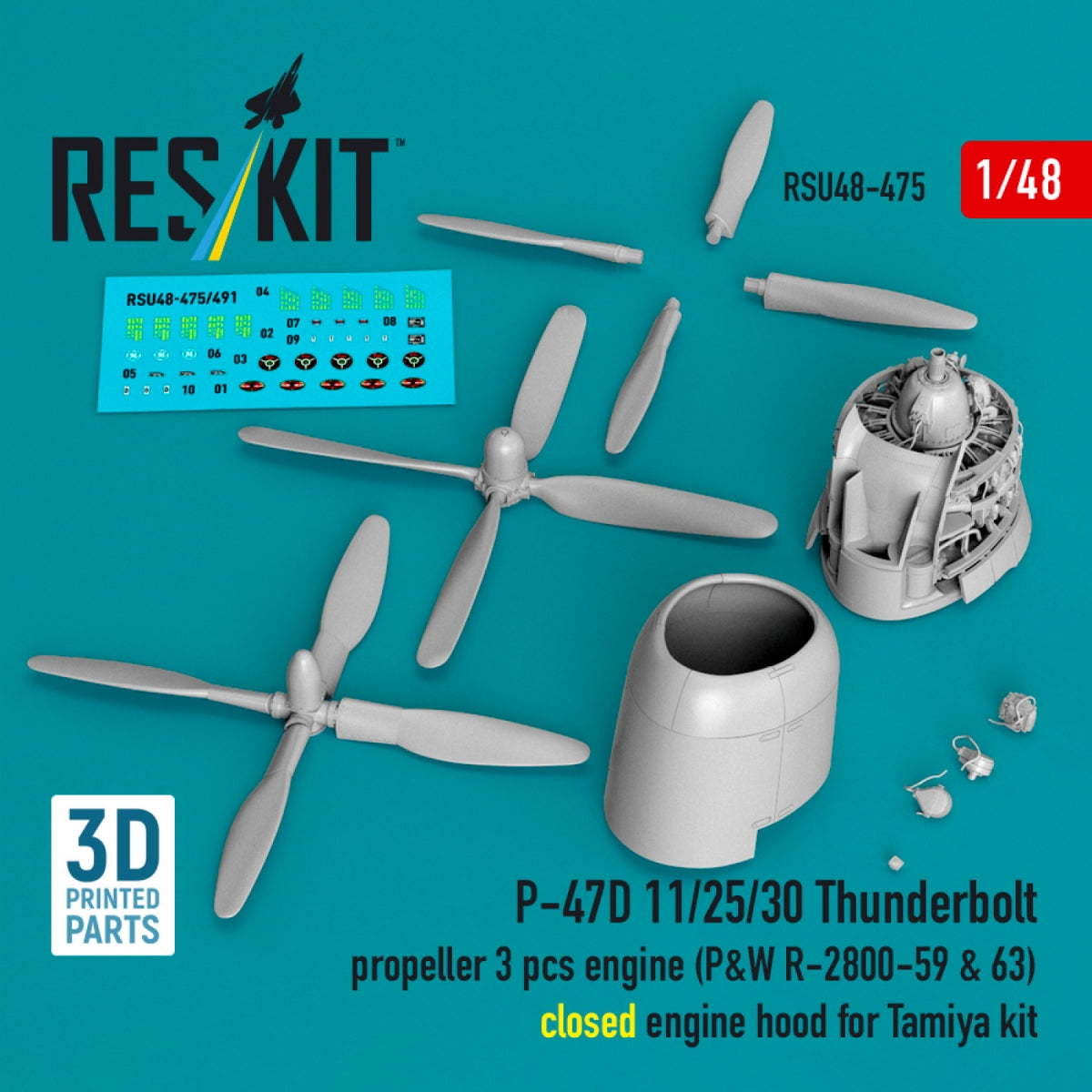 RESKIT RSU48-0475 P-47D 11/25/30 Thunderbolt propeller (3 pcs), engine (P&W R-2800-59 & 63) closed engine hood for Tamiya kit (3D Printed) 1/48