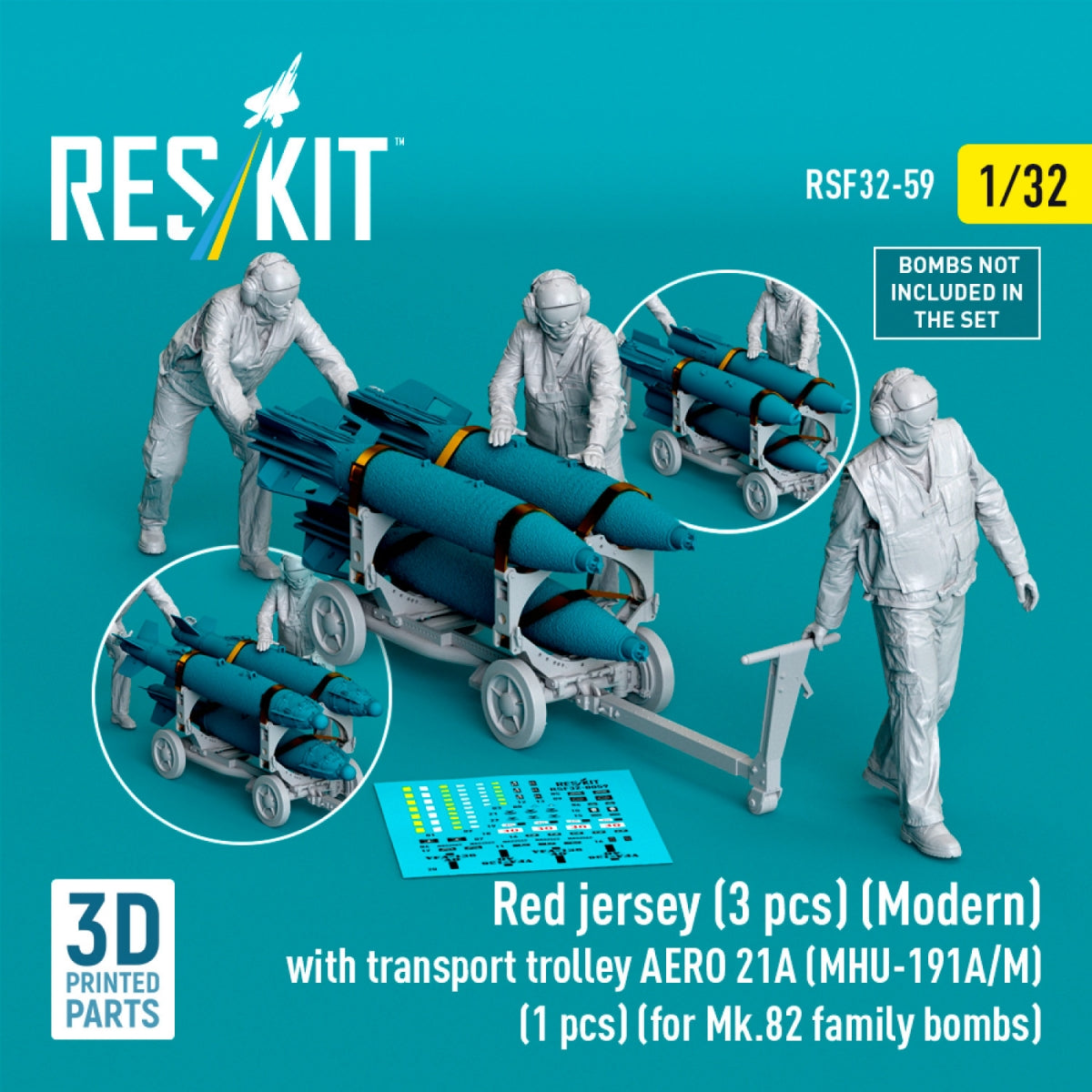 RESKIT RSF32-0059 Red jersey (3 pcs) (Modern) with transport trolley AERO 21A (MHU-191A/M) (1 pcs) (for Mk.82 family bombs) (3D Printed) 1/32
