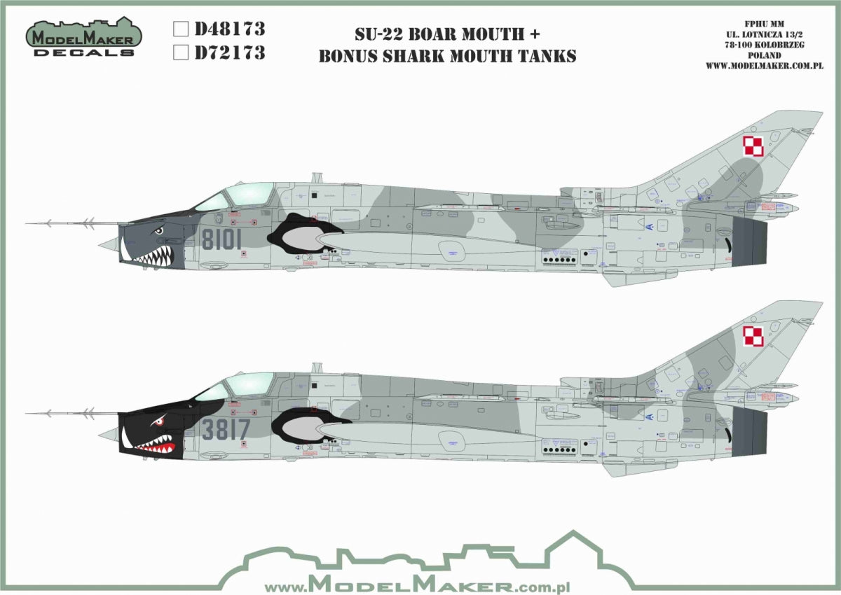 Décalcomanies ModelMaker D48173 Su-22 Gueule de sanglier + réservoirs bonus en forme de gueule de requin 1/48
