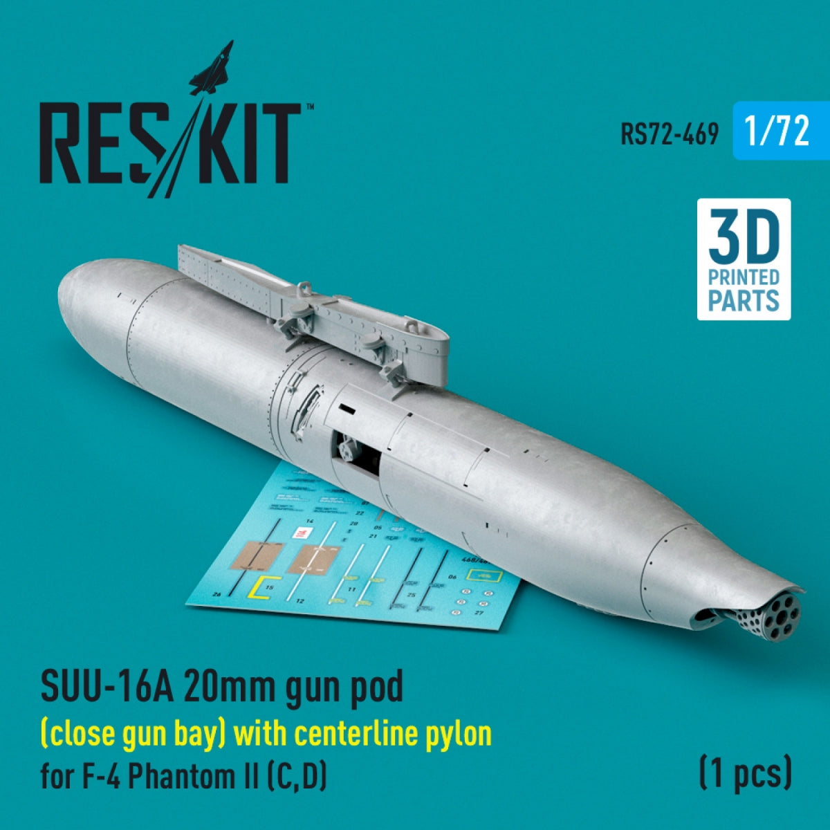 RESKIT RS72-0469 SUU-16A Nacelle de canon de 20 mm (baie fermée) avec pylône central pour F-4 Phantom II (C,D) (1 pièce) (Impression 3D) 1/72