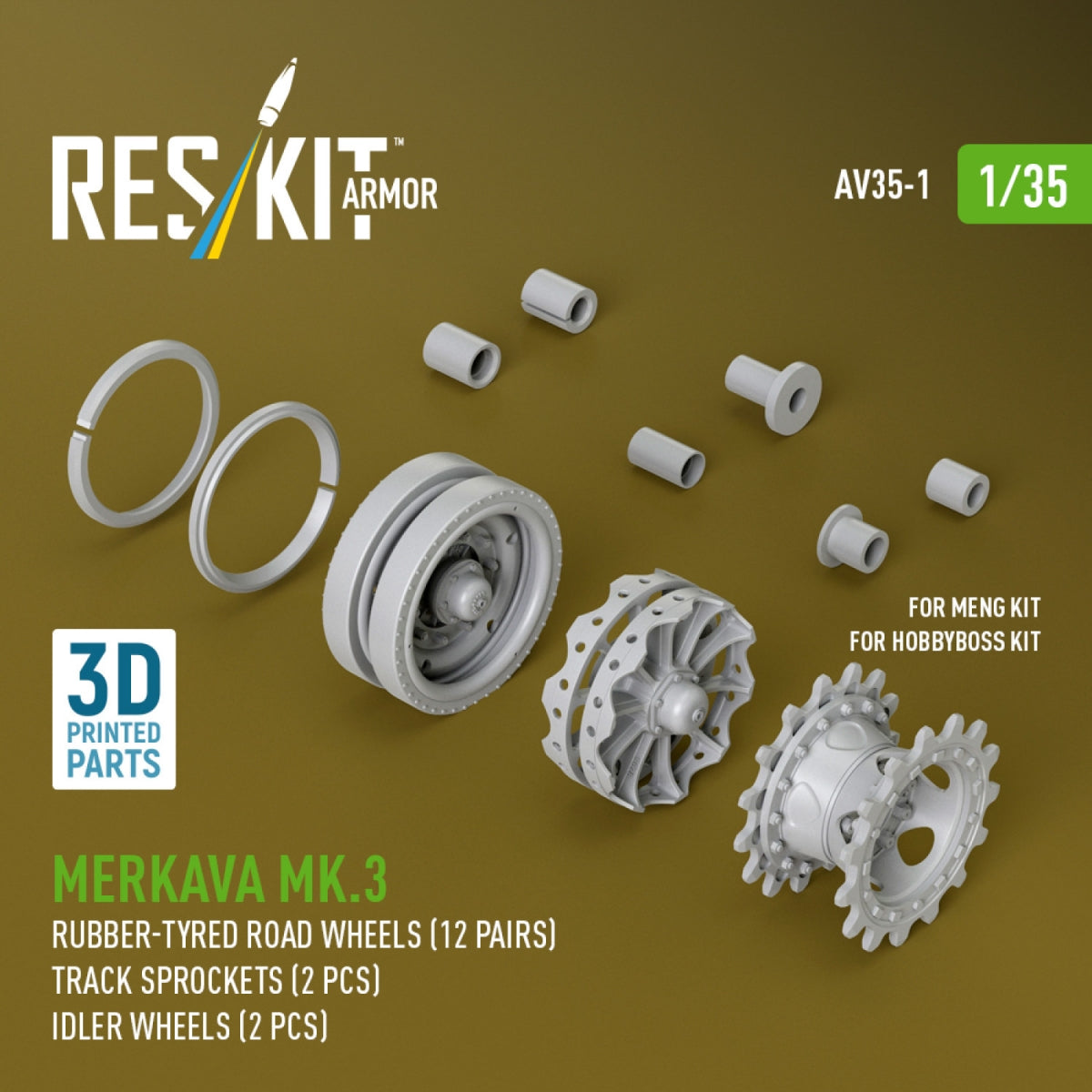 RESKIT AV35-0001 Merkava Mk.3 rubber-tyred road wheels (12 pairs), track sprockets (2 pcs), idler wheels (2 pcs) for Meng/HobbyBoss kit (3D Printed) 1/35