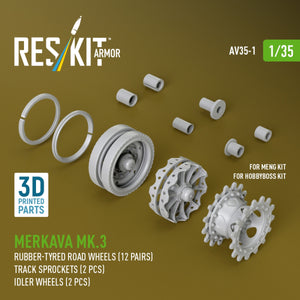 RESKIT AV35-0001 Merkava Mk.3 rubber-tyred road wheels (12 pairs), track sprockets (2 pcs), idler wheels (2 pcs) for Meng/HobbyBoss kit (3D Printed) 1/35