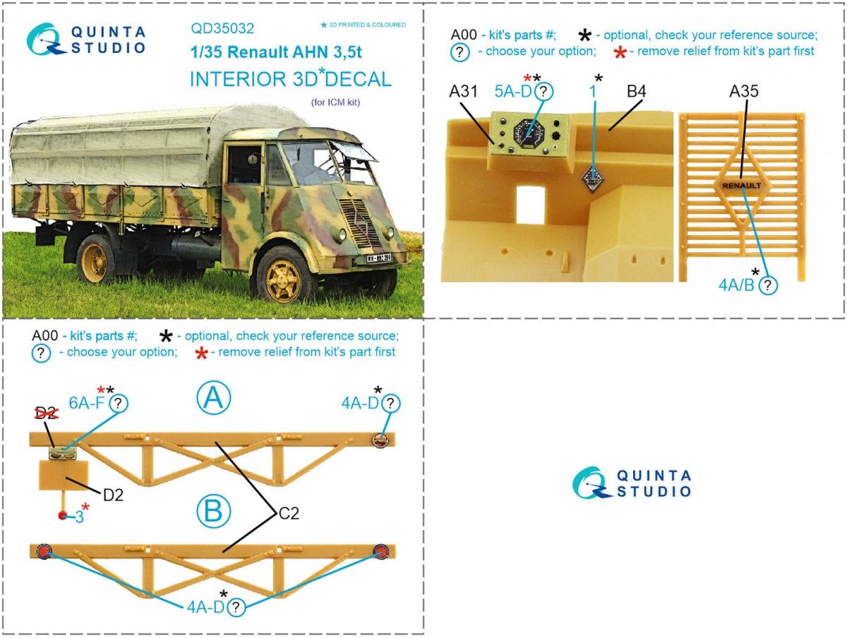 Quinta Studio QD35032 Renault AHN 3.5t 3D-Printed &amp;amp; coloured Interior on decal paper ( ICM ) 1/35 – immagine 2