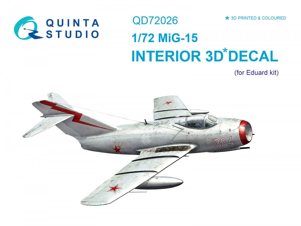 Intérieur imprimé en 3D et coloré sur papier décalcomanie Quinta Studio QD72026 MiG-15 (pour maquette Eduard) au 1/72