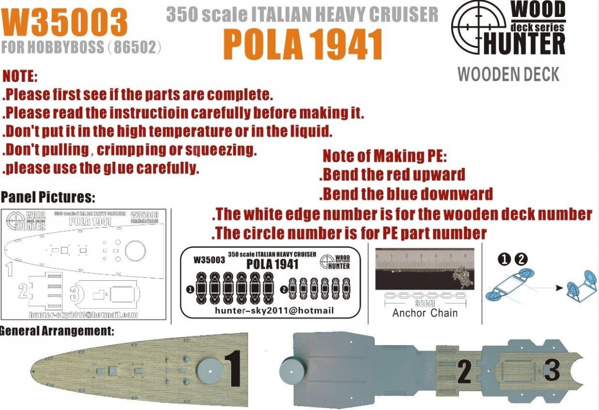 Maquette Wood Hunter W35003, pont en bois, croiseur lourd italien Pola 1941 pour Hobbyboss, échelle 1/350