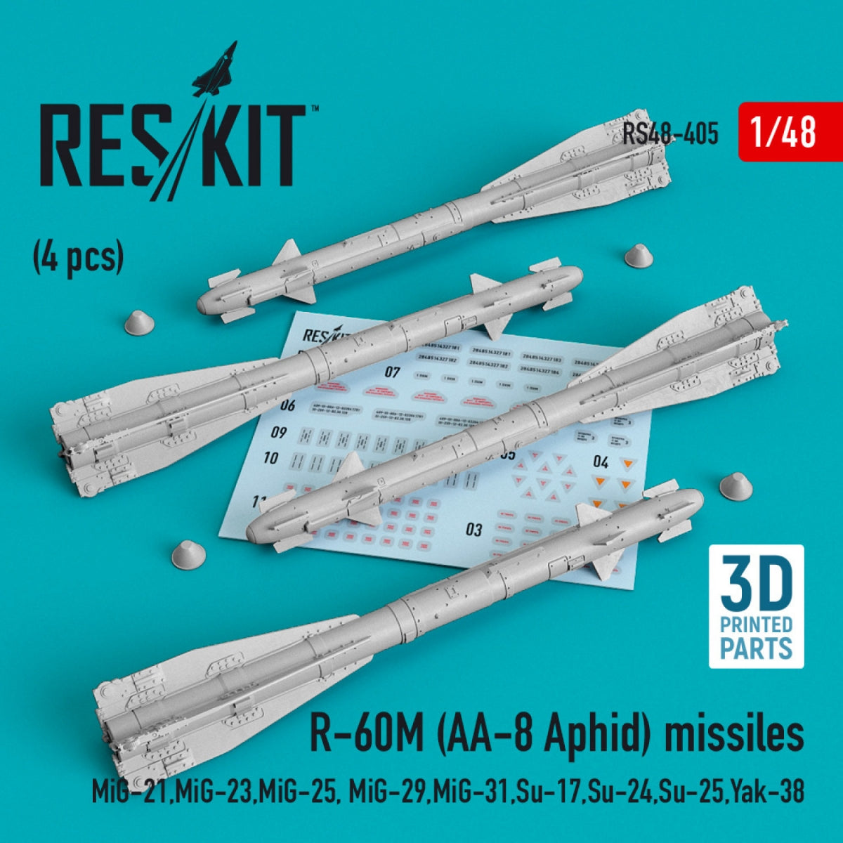 RESKIT RS48-0405 MISSILES R-60М (AA-8 APHID) (4 PCS) (MIG-21,MIG-23,MIG-25, MIG-29,MIG-31,SU-17,SU-24,SU-25,YAK-38) (IMPRESSION 3D) 1/48