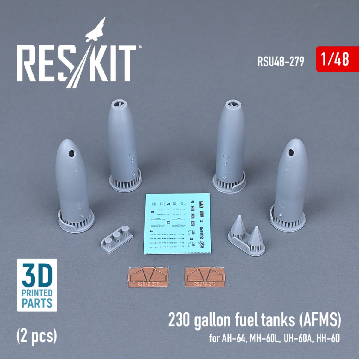 RESKIT RSU48-0279 230 GALLON FUEL TANKS (AFMS) FOR AH-64, MH-60L, UH-60A, HH-60 (2 PCS) (3D PRINTED) 1/48 – immagine 2