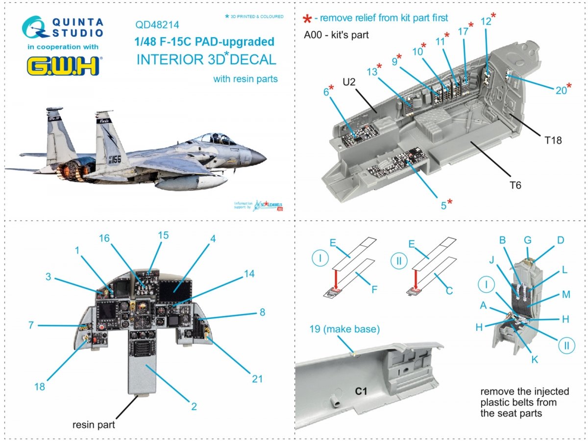 Quinta Studio QD48214 F-15C PAD-upgraded 3D-Printed &amp;amp; coloured Interior on decal paper with resin parts (GWH) 1/48 – Bild 8