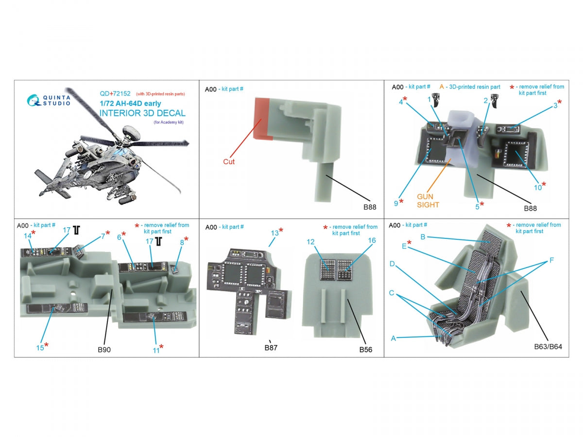 Quinta Studio QD+72152 AH-64D early 3D-Printed coloured Interior on decal paper (Academy)(with 3D-printed resin part) 1/72 – immagine 2