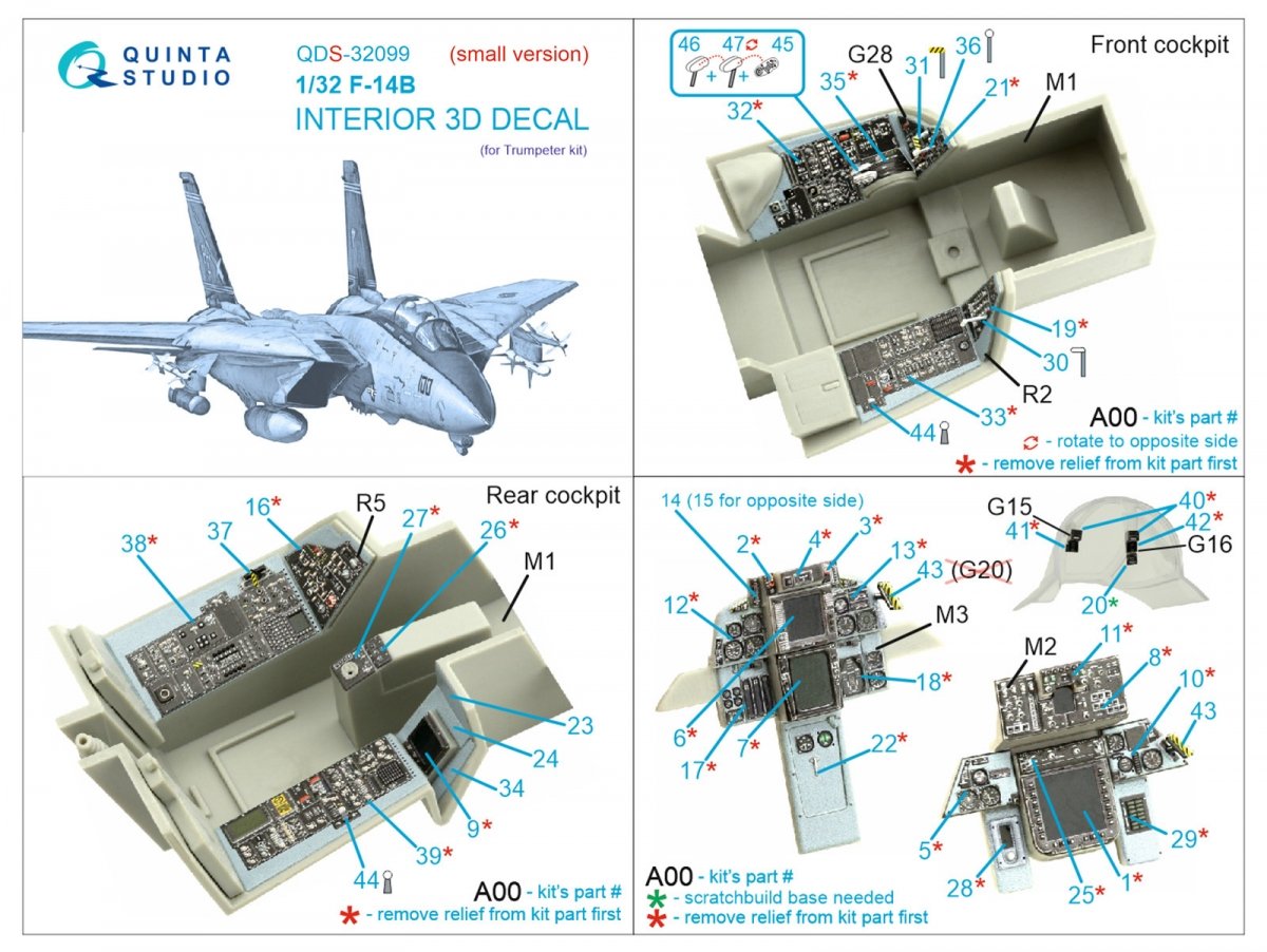 Quinta Studio QDS-32099 F-14B 3D-Printed &amp;amp; coloured Interior on decal paper (Trumpeter) (Small version) 1/32 – immagine 7