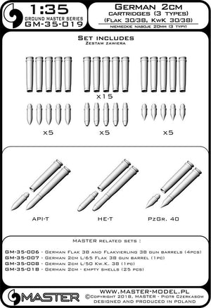 Master GM-35-019 Munitions allemandes de 2 cm (cal. 20x138B) pour canons Flak 30/38, KwK 30/38 - obus (15 pièces) et 3 types de projectiles (5 pièces de chaque type) (1/35) – image 4