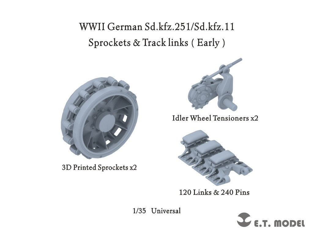 E.T. Model P35-405 WWII German Sd.kfz.251/Sd.kfz.11 Track links &amp;amp; Sprockets Early 3d Printed 1/35