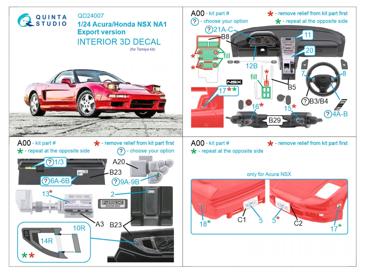 Quinta Studio QD24007 Acura-Honda NSX NA1 Export version 3D-Printed &amp;amp; coloured Interior on decal paper (Tamiya) 1/24 – Bild 2