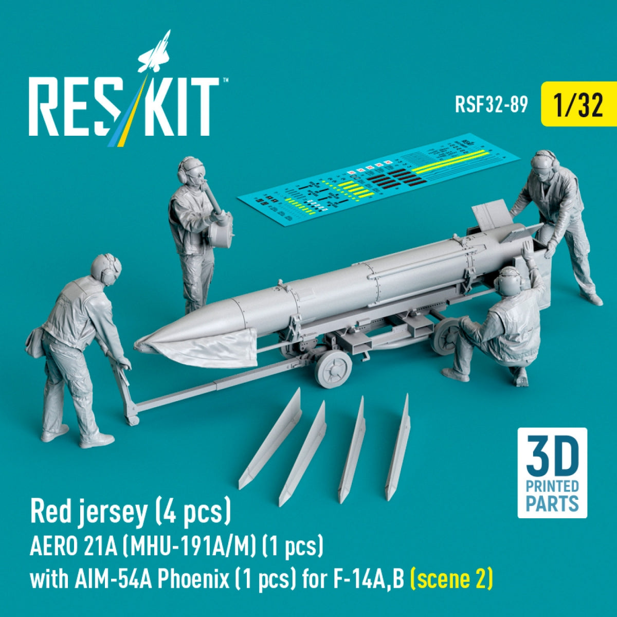 RESKIT RSF32-0089 Red jersey (4 pcs) AERO 21A (MHU-191A/M) (1 pcs) with AIM-54A Phoenix (1 pcs) for F-14A,B (scene 2) (3D Printed) 1/32