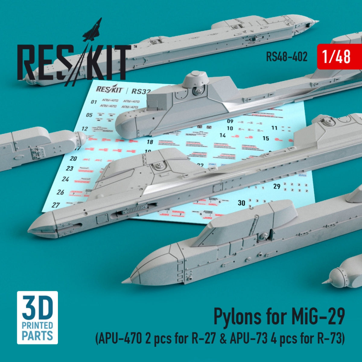 RESKIT RS48-0402 PYLONS FOR MIG-29 (APU-470 2 PCS FOR R-27 &amp;amp; APU-73 4 PCS FOR R-73) 1/48
