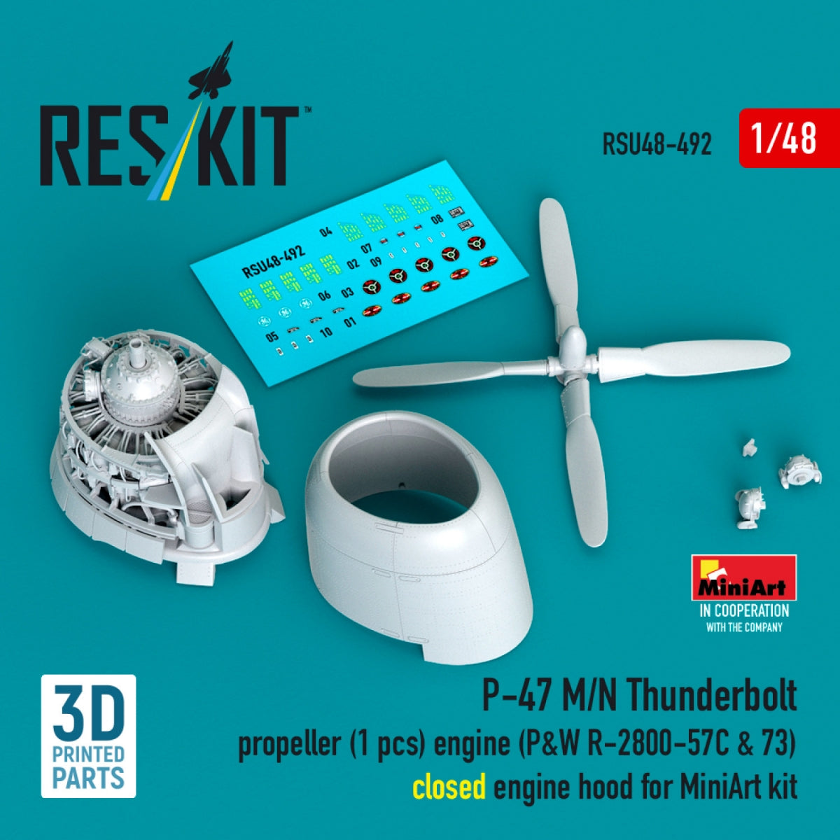 RESKIT RSU48-0492 P-47 M/N Thunderbolt propeller (1 pcs), engine (P&amp;W R-2800-57C &amp; 73) closed engine hood for MiniArt kit (3D Printed) 1/48