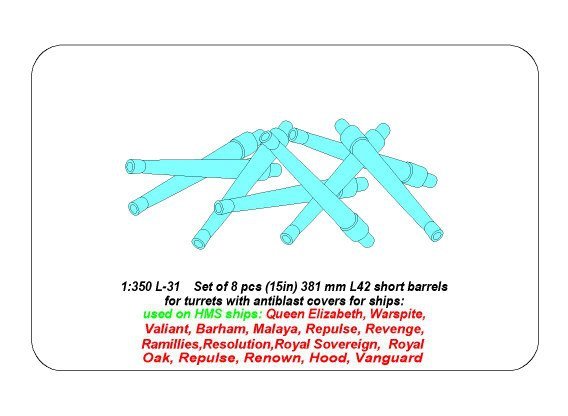 Aber 350L-31 Set of 8 pcs 381mm (15in) L42 Mk.I short barrels for Hood, Repulse, Queen Elisabeth, Vanguard 1/350 – Bild 6