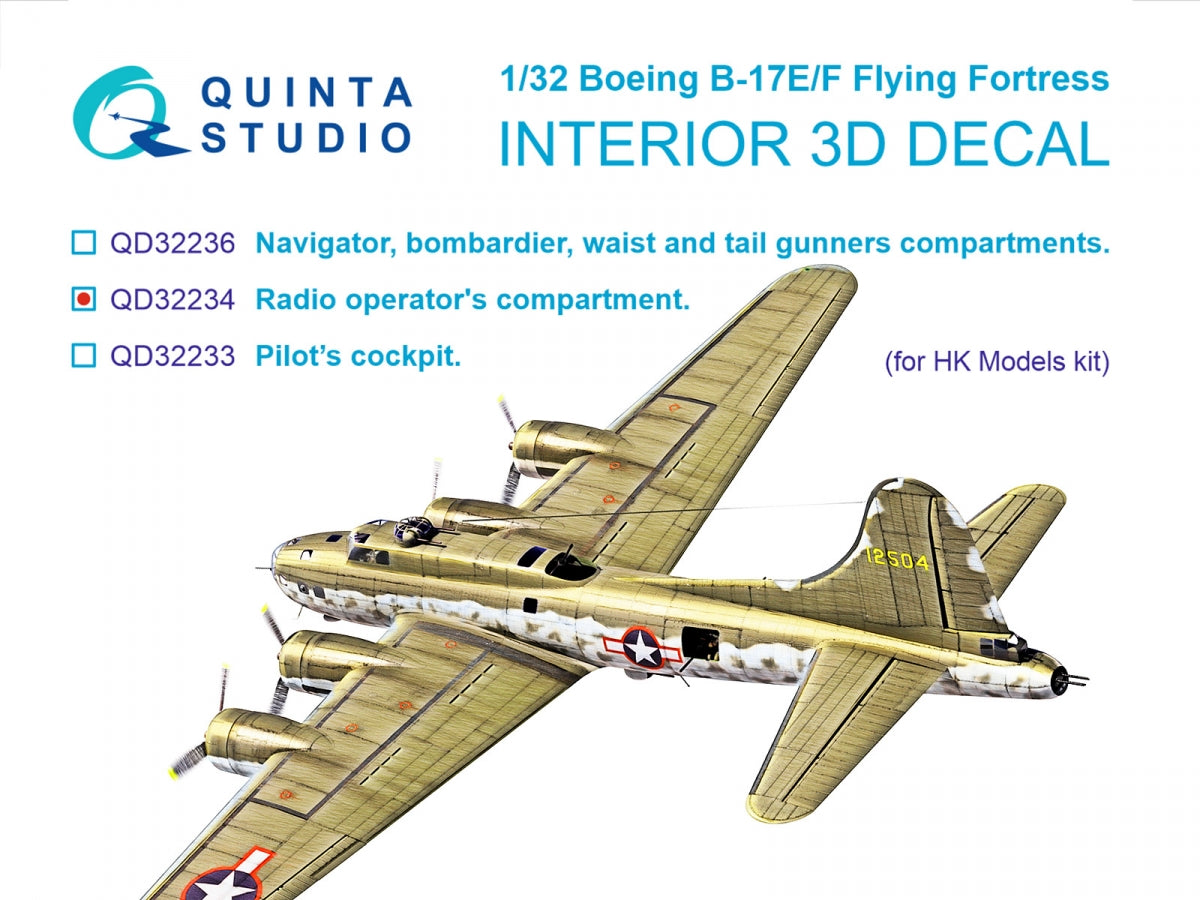 Quinta Studio QD32234 Boeing B-17E/F Radio operator's compartment. 3D-Printed coloured Interior on decal paper (HK models) 1/32