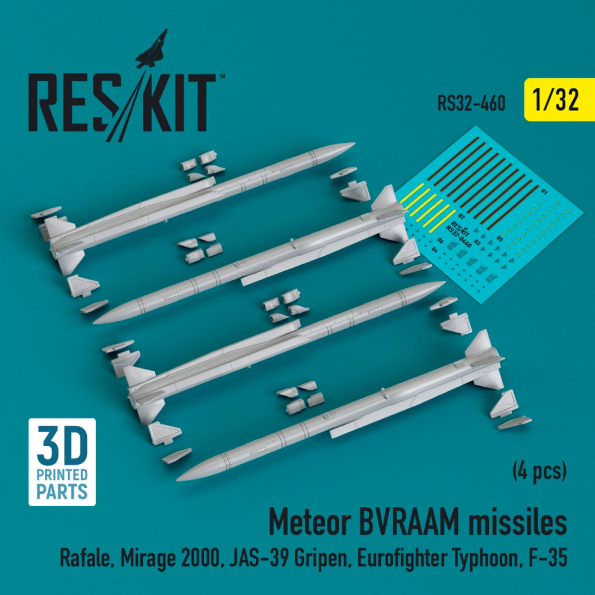 RESKIT RS32-0460 Meteor BVRAAM missiles (4 pcs) (3D Printed) 1/32
