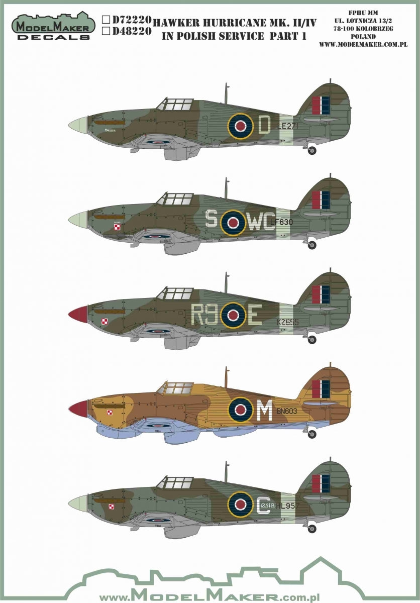 Décalcomanies ModelMaker D48220 Hawker Hurricane Mk.II/IV en service polonais, partie 1, échelle 1/48