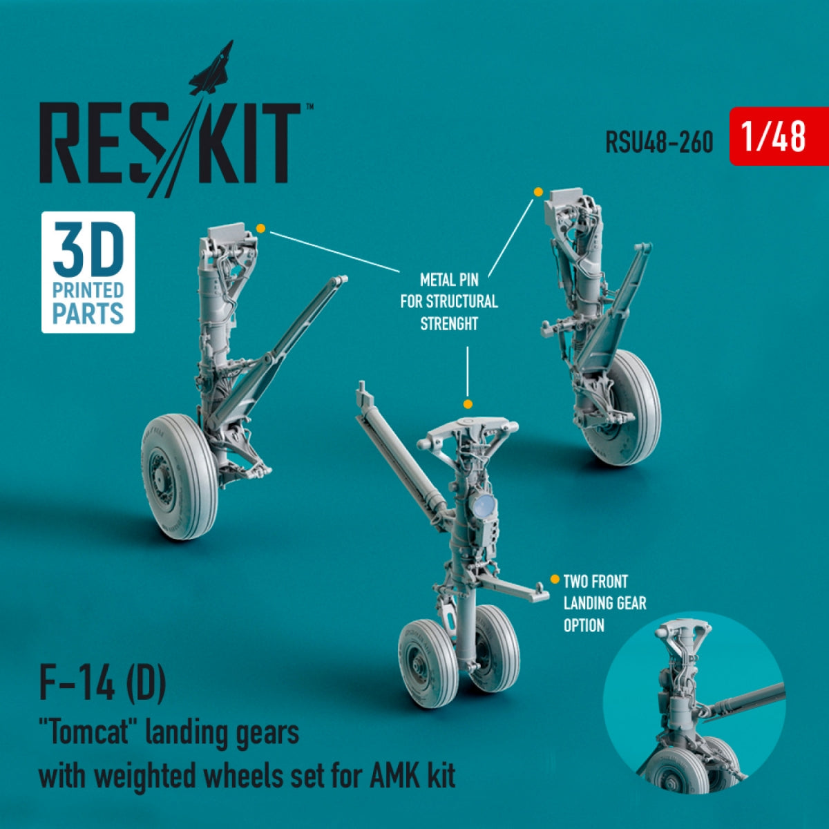 RESKIT RSU48-0260 F-14 (D) « TOMCAT » Train d&amp;#39;atterrissage avec roues lestées pour maquette AMK (résine et impression 3D) 1/48