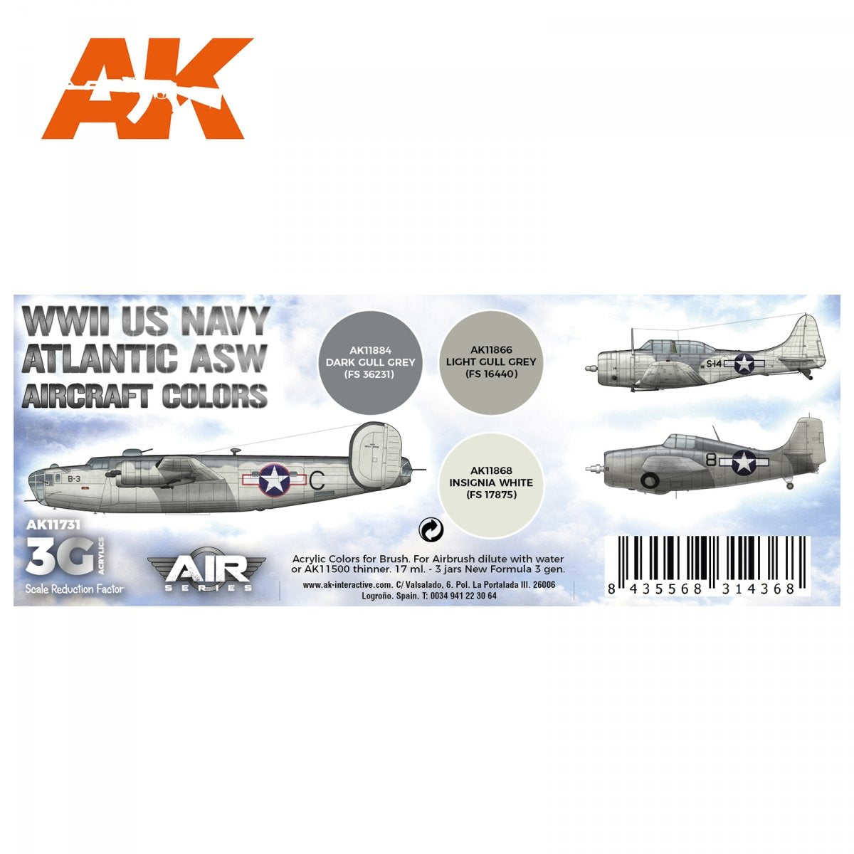 AK Interactive AK11731 WWII US NAVY ASW AIRCRAFT COLORS 3x17 ml – immagine 2