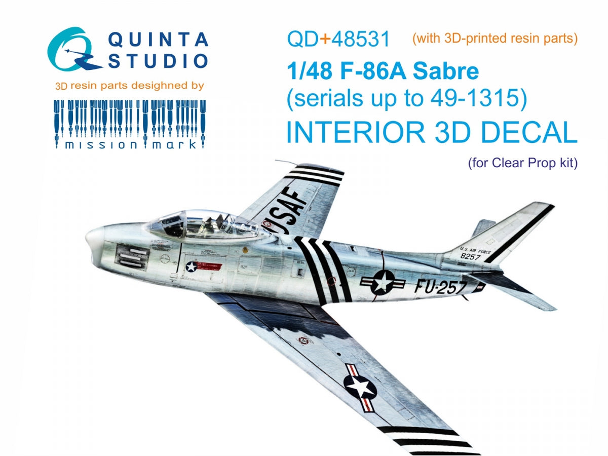Quinta Studio QD+48531 F-86A Sabre 3D-Printed &amp;amp; coloured Interior on decal paper (Clear Prop) (with 3D-printed resin parts) 1/48
