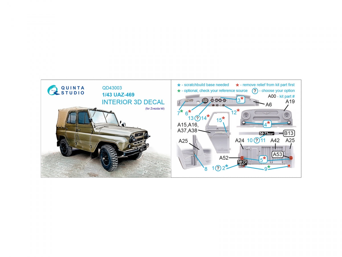 Quinta Studio QD43003 UAZ-469 3D-Printed &amp;amp; coloured Interior on decal paper (Zvezda) 1/43 – immagine 12