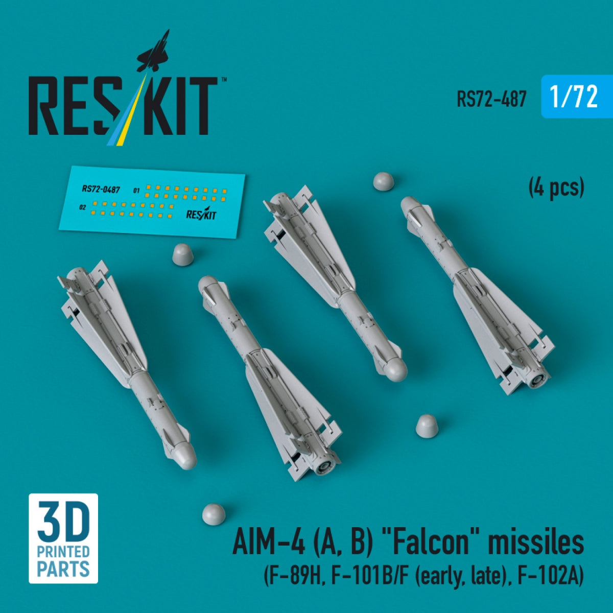 RESKIT RS72-0487 AIM-4 (A, B) &amp;quot;Falcon&amp;quot; missiles (4 pcs) (3D Printed) 1/72
