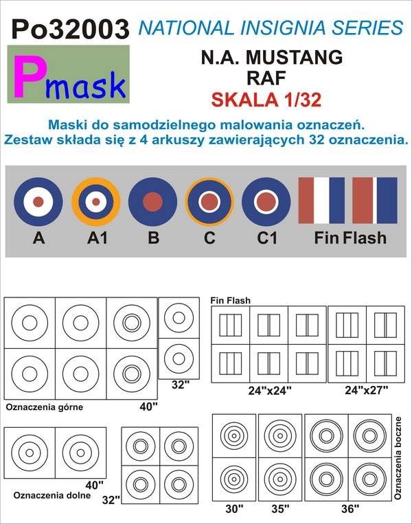 P-Mask PO32003 MASKI DO MALOWANIA OZNACZEŃ N.A. MUSTANG RAF 1/32
