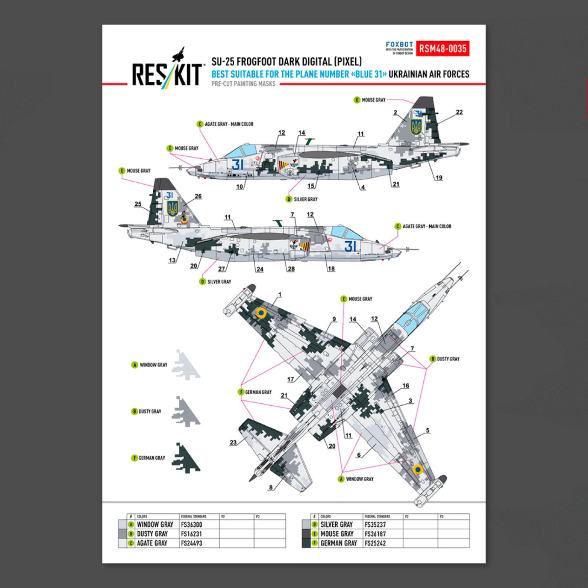 RESKIT RSM48-0035 Su-25 Frogfoot DARK Digital (Pixel) (best suitable for the plane number “blue 31”) Ukrainian Air Forces (Pre-cut painting masks )1/48