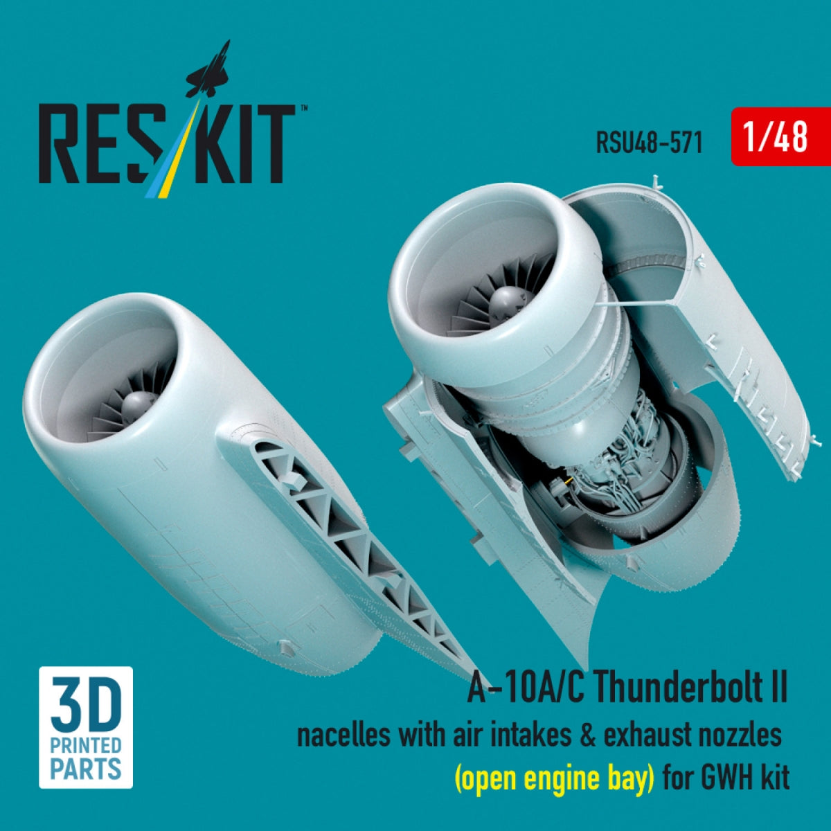 RESKIT RSU48-0571 A-10A/C Thunderbolt II nacelles with air intakes &amp; exhaust nozzles (open engine bay) for GWH kit (3D Printed) 1/48