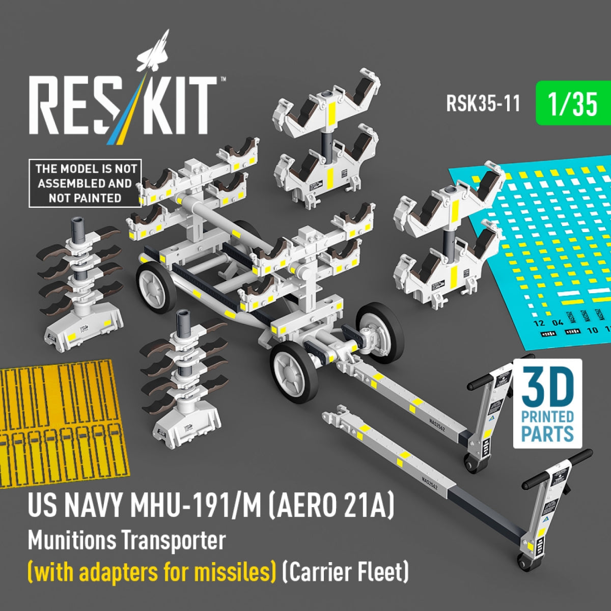 RESKIT RSK35-0011 US NAVY MHU-191/M (AERO 21A) Munitions Transporter (with adapters for missiles) (Carrier Fleet) (3D Printed model kit) 1/35 – immagine 2