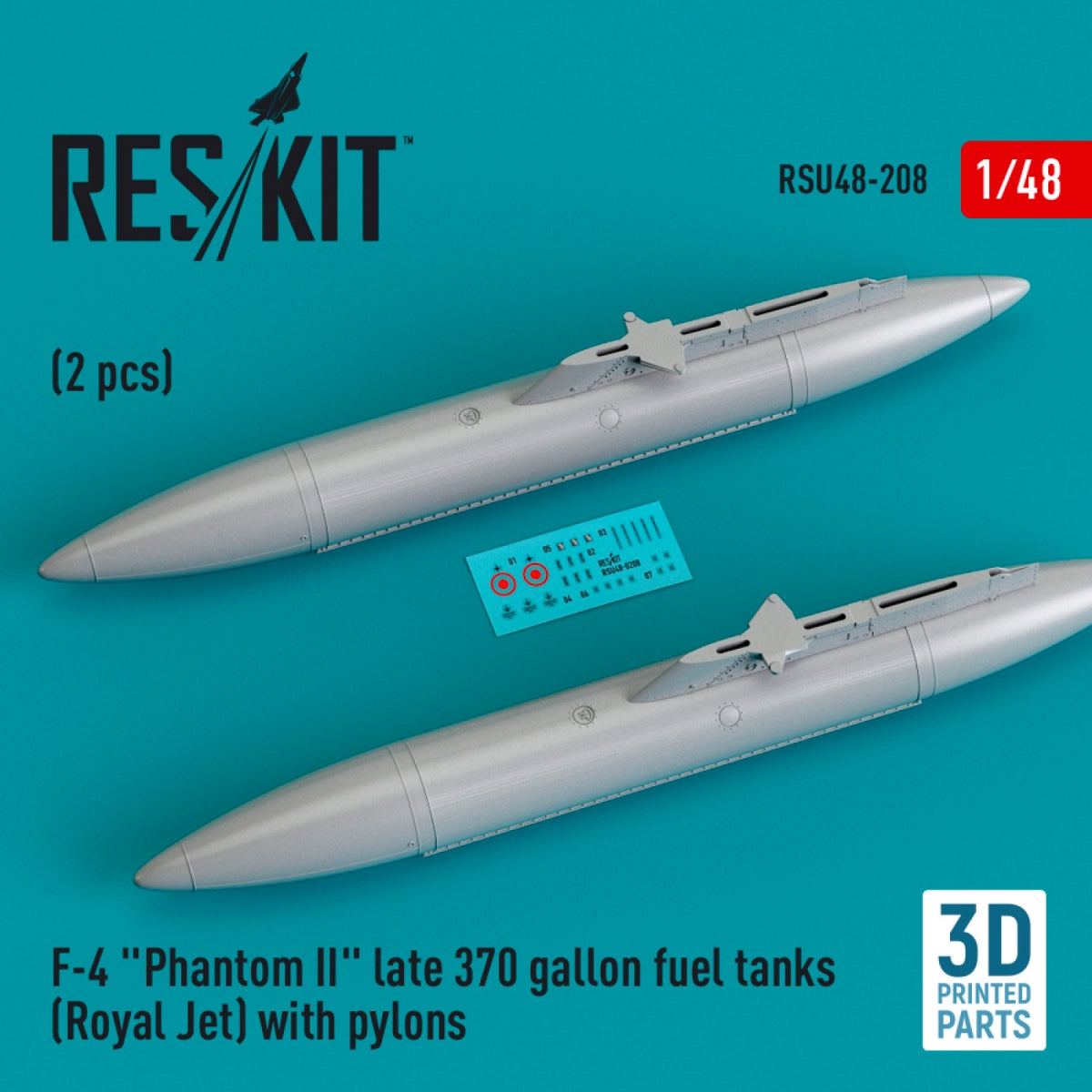 RESKIT RSU48-0208 F-4 "PHANTOM II" LATE 370 GALLON FUEL TANKS (ROYAL JET) WITH PYLONS (2 PCS) (3D PRINTED) 1/48