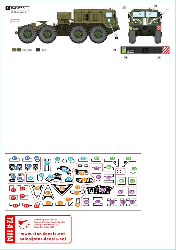 Star Decals 72-A1114 War in Ukraine #3 Ukrainian transport vehicles 2014-2022. MAZ-537 tank transporter and UAZ-452 Buhanka 1/72 – Bild 2