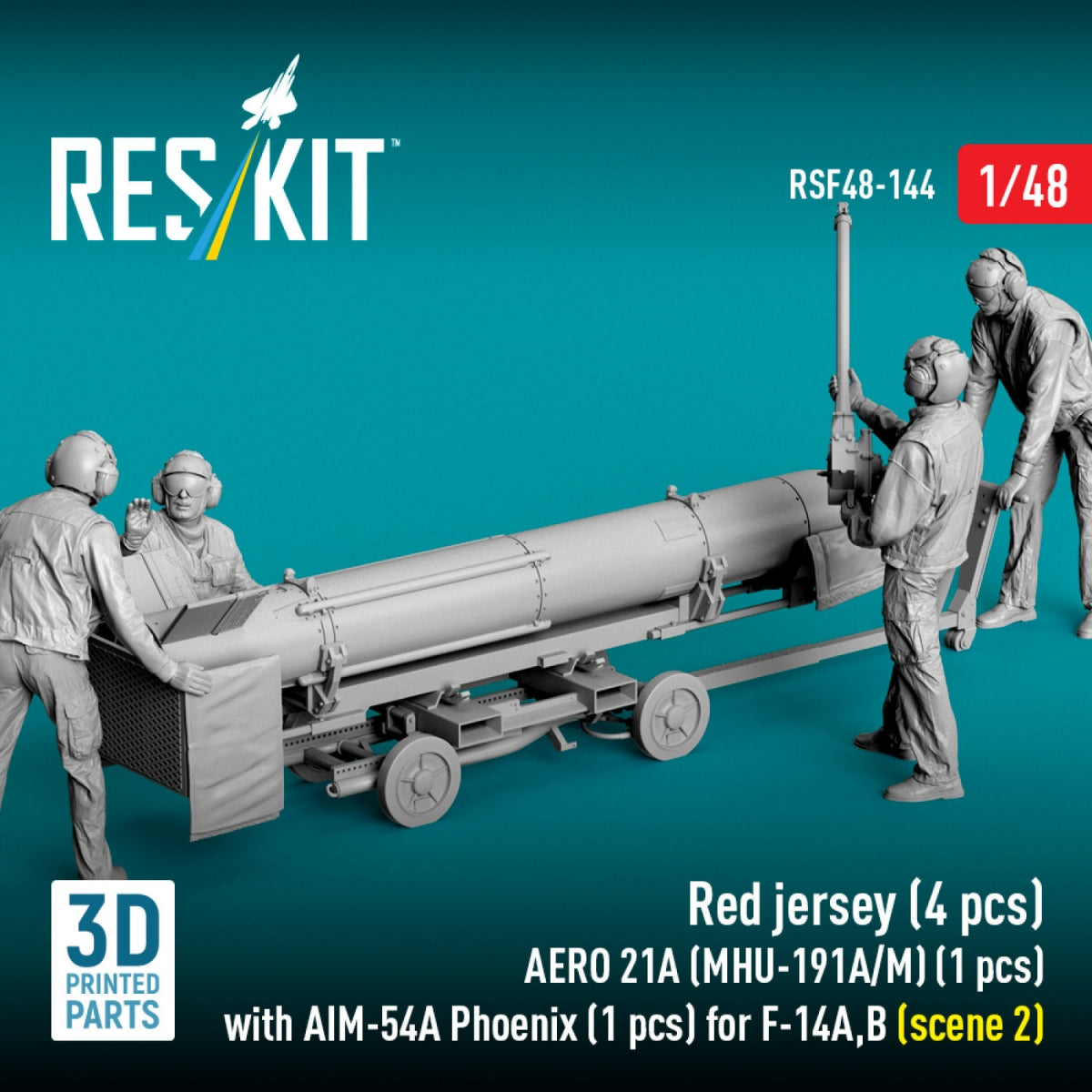 RESKIT RSF48-0144 Red jersey (4 pcs) AERO 21A (MHU-191A/M) (1 pcs) with AIM-54A Phoenix (1 pcs) for F-14A,B (scene 2) (3D Printed) 1/48