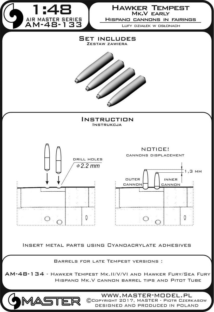 Master AM-48-133 Hawker Tempest Mk.V wczesna wersja - lufy działek Hispano 20mm w osłonach (4 szt.) 1/48 – zdjęcie 3