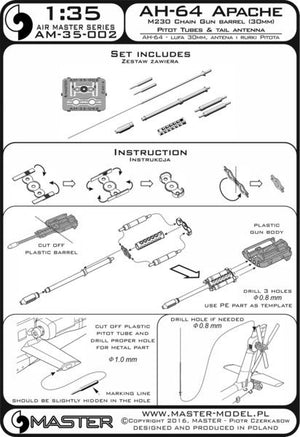 Master AM-35-002 AH-64 Apache - M230 Chain Gun barrel (30mm), Pitot Tubes and tail antenna (resin, PE and turned parts) 1/35 – immagine 6