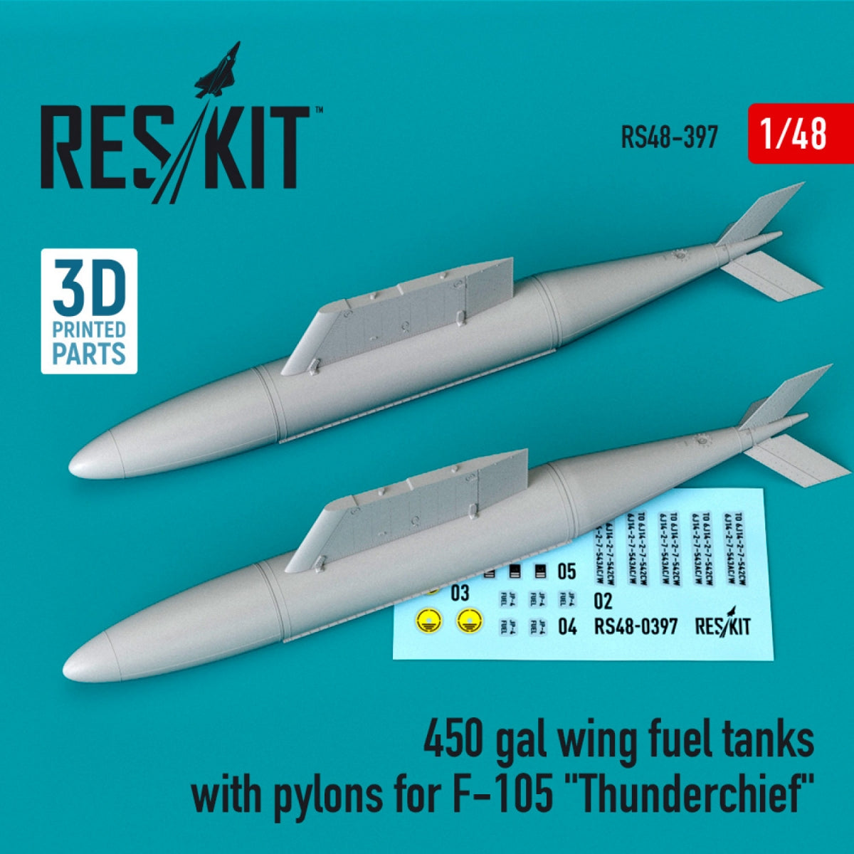 RESKIT RS48-0397 Réservoirs de carburant d'aile de 450 gallons avec pylônes pour F-105 « THUNDERCHIEF » (2 pièces) 1/48