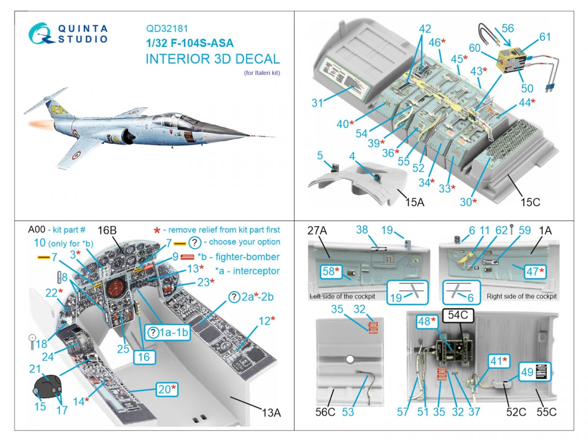 Quinta Studio QD32181 F-104S-ASA 3D-Printed coloured Interior on decal paper (Italeri) 1/32 – zdjęcie 7