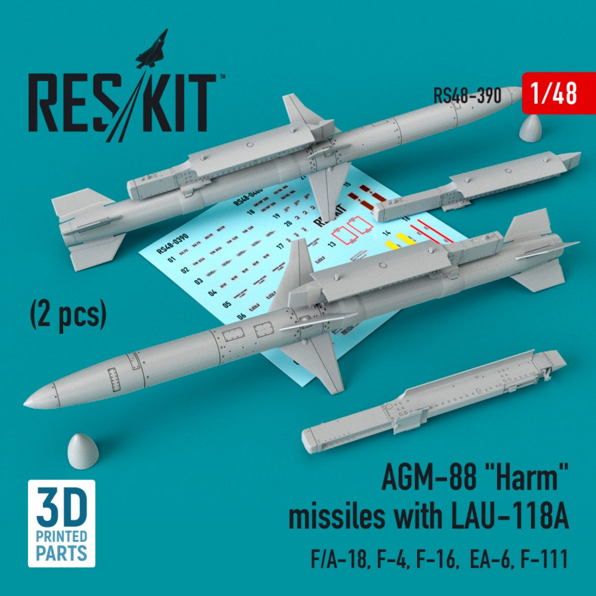 RESKIT RS48-0390 AGM-88 "HARM" MISSILES WITH LAU-118A (2 PCS) (F/A-18, F-4, F-16, EA-6, F-111) 1/48