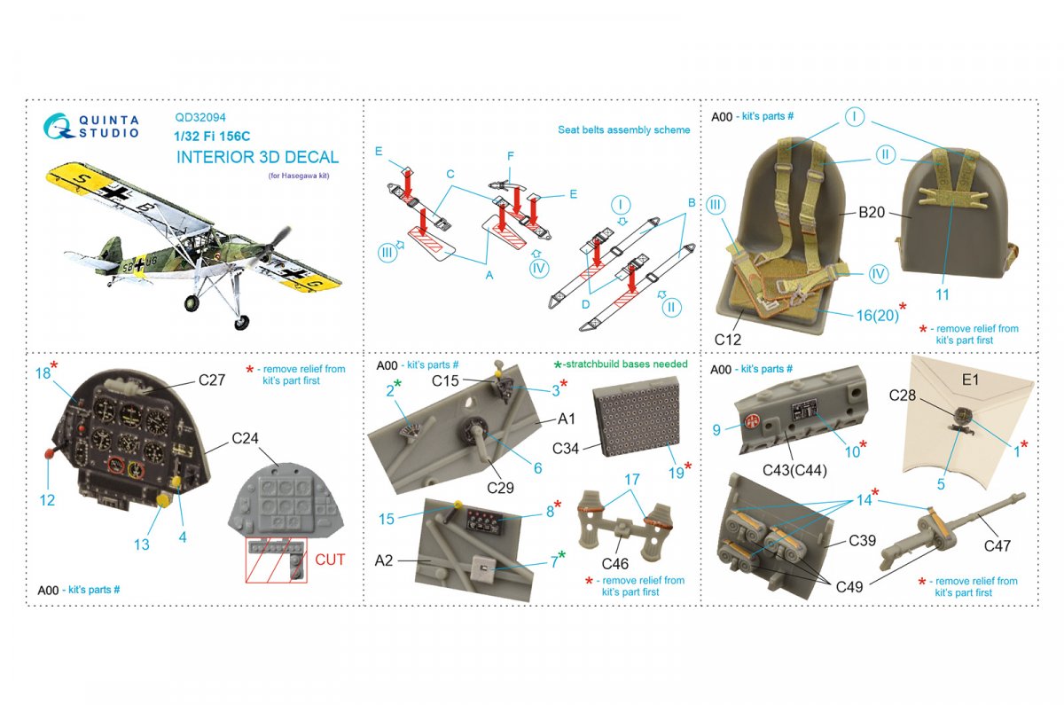 Quinta Studio QD32094 Fi 156C 3D-Printed &amp;amp; coloured Interior on decal paper (Hasegawa) 1/32 – immagine 5
