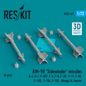Missiles AIM-9B « Sidewinder » RESKIT RS72-0477 (4 pièces) (Impression 3D) 1/72