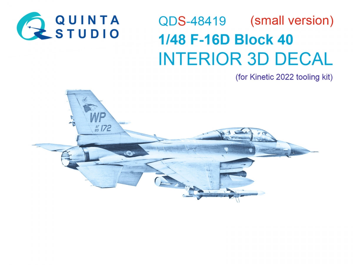 Quinta Studio QDS-48419 F-16D block 40 3D-Printed &amp;amp; coloured Interior on decal paper (Kinetic 2022 tool) (Small version) 1/48